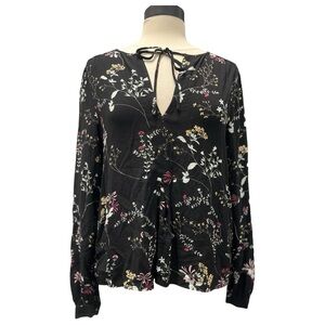 Lucky Brand Black White Floral Pleated Tie Front Blouse Size Medium Boho Chic